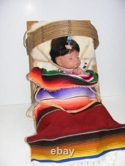Native American Soft Baby Doll Papoose Wooden Cradle Rabbit Skin Blanket