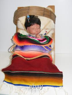 Native American Soft Baby Doll Papoose Wooden Cradle Rabbit Skin Blanket