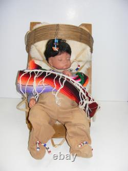 Native American Soft Baby Doll Papoose Wooden Cradle Rabbit Skin Blanket