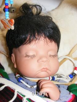 Native American Soft Baby Doll Papoose Wooden Cradle Rabbit Skin Blanket