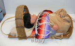 Native American Soft Baby Doll Papoose Wooden Cradle Rabbit Skin Blanket