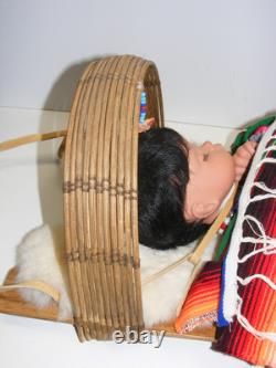 Native American Soft Baby Doll Papoose Wooden Cradle Rabbit Skin Blanket