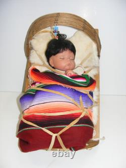 Native American Soft Baby Doll Papoose Wooden Cradle Rabbit Skin Blanket