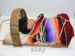 Native American Soft Baby Doll Papoose Wooden Cradle Rabbit Skin Blanket