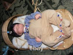 Native American Soft Baby Doll Papoose Wooden Cradle Rabbit Skin Blanket