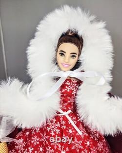OOAK Red Fur Cape Winter Christmas Caroler Fashion Doll Holiday Snowflake Dress