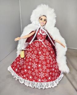 OOAK Red Fur Cape Winter Christmas Caroler Fashion Doll Holiday Snowflake Dress