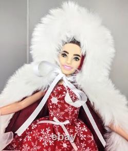 OOAK Red Fur Cape Winter Christmas Caroler Fashion Doll Holiday Snowflake Dress
