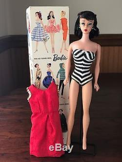 Original Mattel 1959 Brunette Ponytail #1 Barbie Doll Box, Swimsuit, Stand, etc