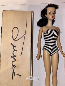 Original Vintage #3 Brunette Ponytail Barbie TM Box Stand 1959 NIPPLES