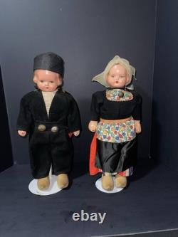 RARE Vintage Mechanical Folk Doll Pair 18 Composition Heads Wood Bodies Working