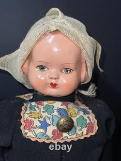 RARE Vintage Mechanical Folk Doll Pair 18 Composition Heads Wood Bodies Working
