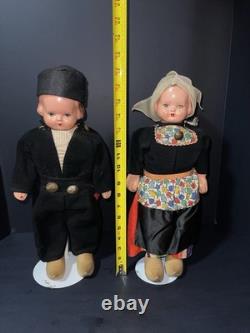 RARE Vintage Mechanical Folk Doll Pair 18 Composition Heads Wood Bodies Working
