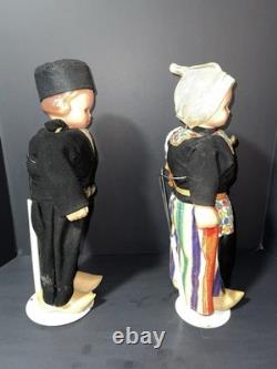 RARE Vintage Mechanical Folk Doll Pair 18 Composition Heads Wood Bodies Working