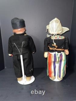RARE Vintage Mechanical Folk Doll Pair 18 Composition Heads Wood Bodies Working