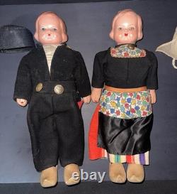 RARE Vintage Mechanical Folk Doll Pair 18 Composition Heads Wood Bodies Working