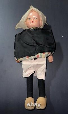 RARE Vintage Mechanical Folk Doll Pair 18 Composition Heads Wood Bodies Working