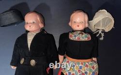 RARE Vintage Mechanical Folk Doll Pair 18 Composition Heads Wood Bodies Working