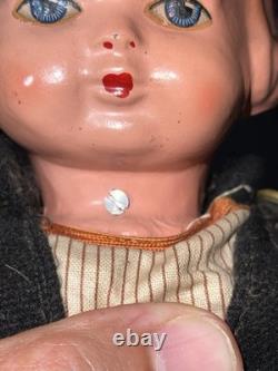 RARE Vintage Mechanical Folk Doll Pair 18 Composition Heads Wood Bodies Working