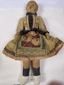 Rare Antique Doll Painted Cloth Face. Original Condition. Typical Clothing. 16.5