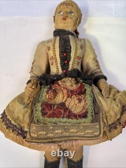 Rare Antique Doll Painted Cloth Face. Original Condition. Typical Clothing. 16.5