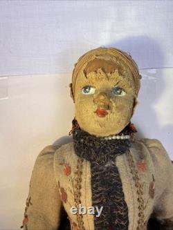 Rare Antique Doll Painted Cloth Face. Original Condition. Typical Clothing. 16.5