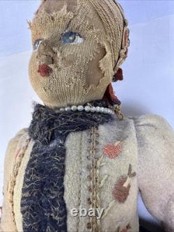 Rare Antique Doll Painted Cloth Face. Original Condition. Typical Clothing. 16.5