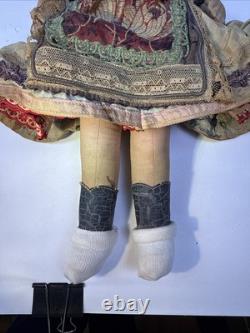 Rare Antique Doll Painted Cloth Face. Original Condition. Typical Clothing. 16.5