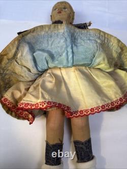 Rare Antique Doll Painted Cloth Face. Original Condition. Typical Clothing. 16.5