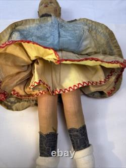 Rare Antique Doll Painted Cloth Face. Original Condition. Typical Clothing. 16.5