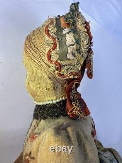 Rare Antique Doll Painted Cloth Face. Original Condition. Typical Clothing. 16.5