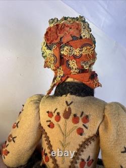Rare Antique Doll Painted Cloth Face. Original Condition. Typical Clothing. 16.5