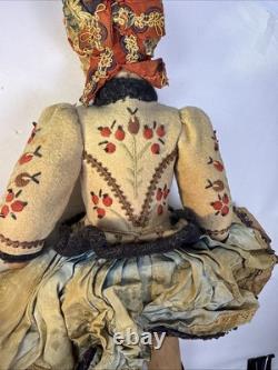 Rare Antique Doll Painted Cloth Face. Original Condition. Typical Clothing. 16.5
