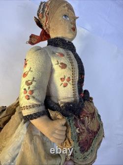 Rare Antique Doll Painted Cloth Face. Original Condition. Typical Clothing. 16.5