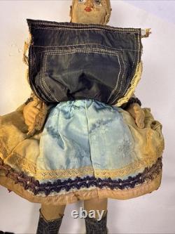 Rare Antique Doll Painted Cloth Face. Original Condition. Typical Clothing. 16.5