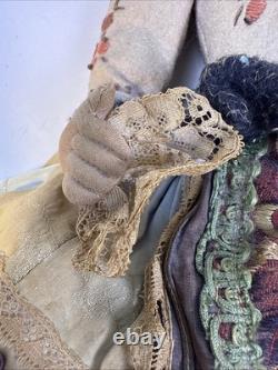 Rare Antique Doll Painted Cloth Face. Original Condition. Typical Clothing. 16.5
