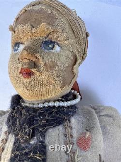 Rare Antique Doll Painted Cloth Face. Original Condition. Typical Clothing. 16.5