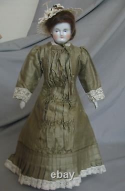 Rare Antique German China Doll Silk Dress Bonnet original human hair wig 14 1/4