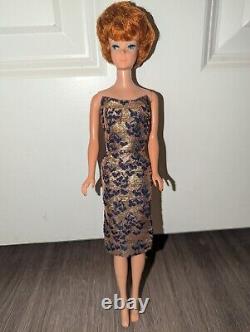 Redhead Bubblecut Barbie Wearing HTF Fashion Pak Navy & Gold Lame Sheath Dress