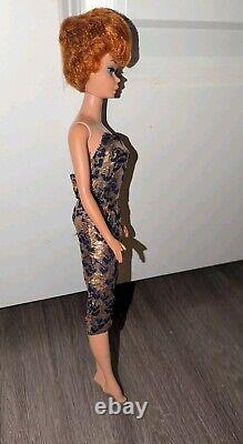 Redhead Bubblecut Barbie Wearing HTF Fashion Pak Navy & Gold Lame Sheath Dress