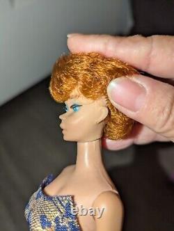 Redhead Bubblecut Barbie Wearing HTF Fashion Pak Navy & Gold Lame Sheath Dress