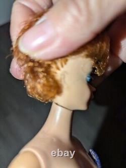 Redhead Bubblecut Barbie Wearing HTF Fashion Pak Navy & Gold Lame Sheath Dress