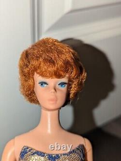Redhead Bubblecut Barbie Wearing HTF Fashion Pak Navy & Gold Lame Sheath Dress