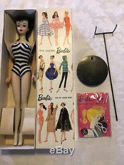 STUNNING VINTAGE MIB # 3 BRUNETTE BARBIE With NIPPLES, STAND, SEALED BOOKLET, SHOES