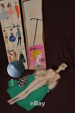 Stunning Vintage Barbie 3 Brunette Ponytail Doll with ORIGINAL TM Stand and Box
