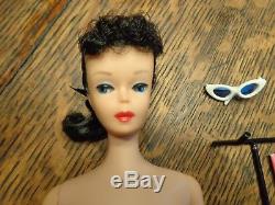 VINTAGE BRUNETTE #5 PONYTAIL BARBIE WithSTAND SHOES SUNGLASSES BOOK SWIMSUIT