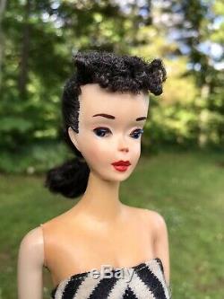 VINTAGE # NUMBER 3 BARBIE T. M. BRUNETTE PONYTAIL Brown Eyeliner Doll BOX & STAND