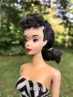 VINTAGE # NUMBER 3 BARBIE T. M. BRUNETTE PONYTAIL Brown Eyeliner Doll BOX & STAND