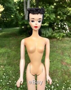 VINTAGE # NUMBER 3 BARBIE T. M. BRUNETTE PONYTAIL Brown Eyeliner Doll BOX & STAND