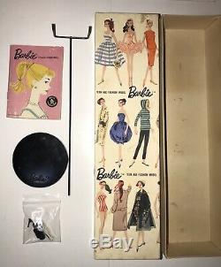 VINTAGE # NUMBER 3 BARBIE T. M. BRUNETTE PONYTAIL Brown Eyeliner Doll BOX & STAND